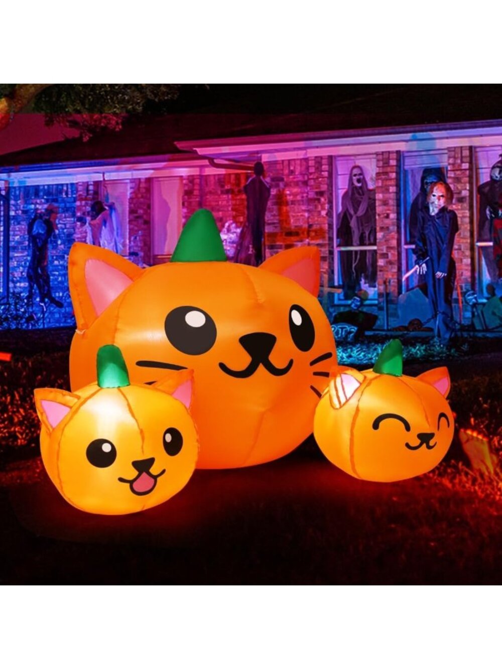5FT Inflatable Pumpkin Cat Combo with LEDs - Halloween Yard Decoration for
